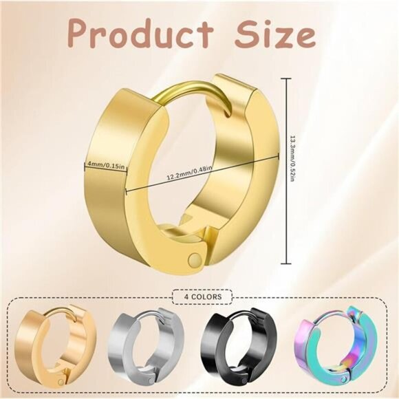 4-Pair Titanium Steel Huggie Hoop Earring Set – Black, Silver, Gold, Oil slick - Picture 2 of 7